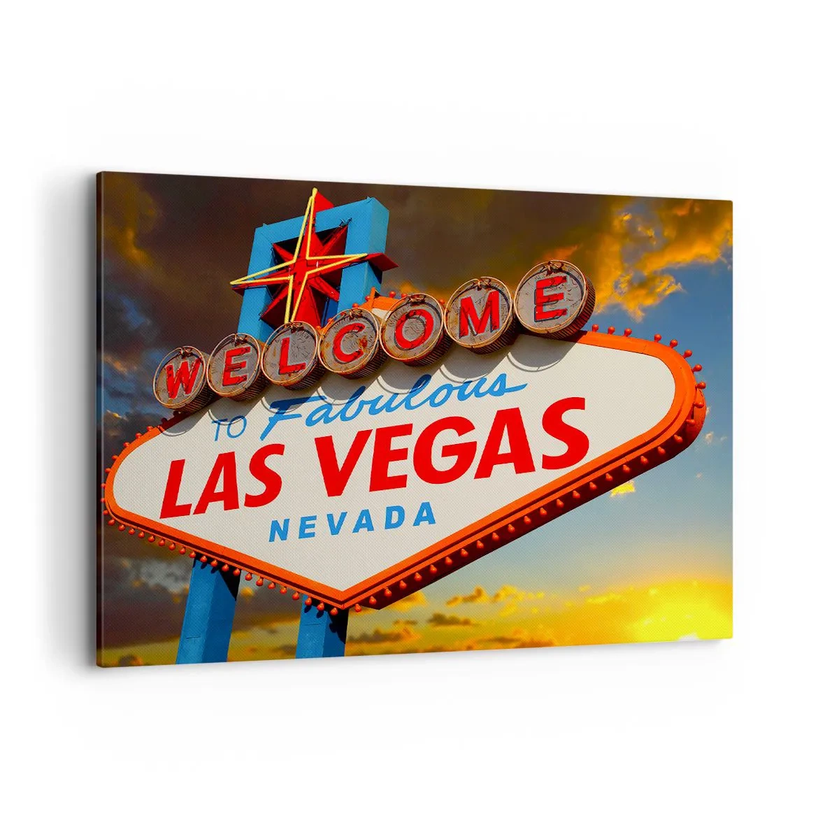 Impression sur toile - Image sur toile - Le célèbre panneau Welcome to Fabulous Las Vegas au coucher du soleil - 100x70cm - Après un sourire du destin - Décoration murale moderne pour le salon et la chambre ARTTOR