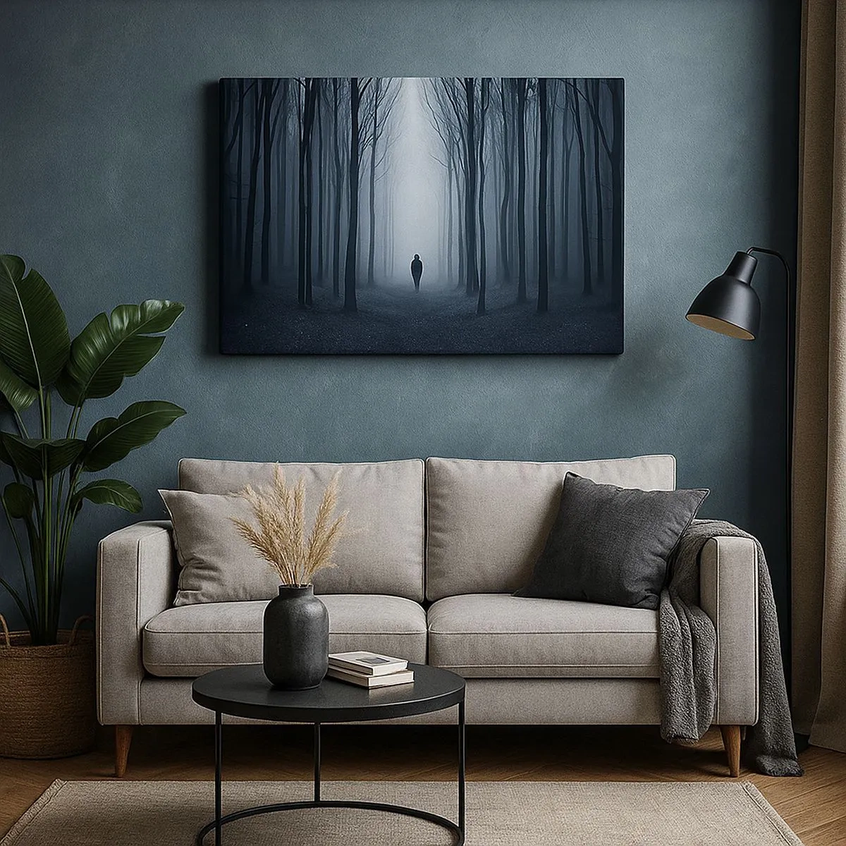 Impression sur toile - Image sur toile - Une silhouette marchant parmi les arbres dans une forêt brumeuse - 70x50cm - Tout est simple et clair - Décoration murale moderne pour le salon et la chambre ARTTOR