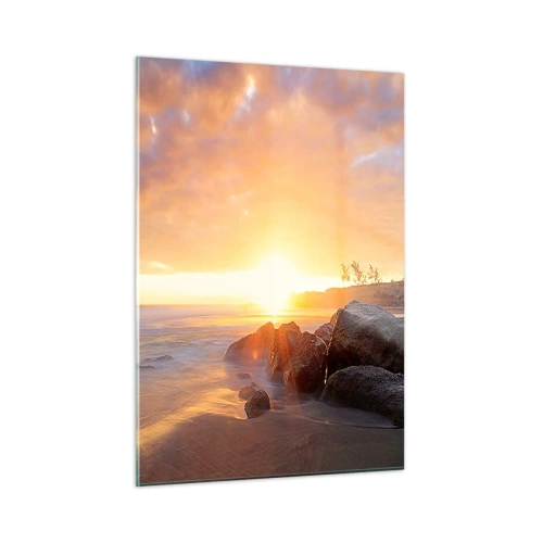 Impression sur verre - Image sur verre - Coucher de soleil sur la mer avec des pierres sur le rivage - 50x70cm - Brise lumineuse du soir - Décoration murale moderne pour le salon et la chambre ARTTOR