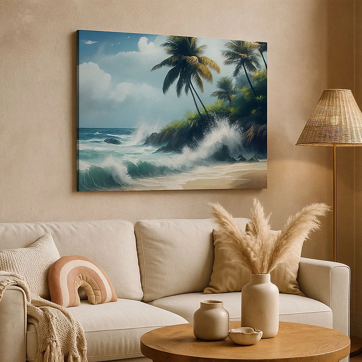 Impression sur toile - Image sur toile - Rivage tropical avec palmiers et mer agitée - 70x50cm - Sur une côte tropicale - Décoration murale moderne pour le salon et la chambre ARTTOR