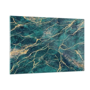 Impression sur verre - Image sur verre - Pierre marbrée aux veines dorées, nuances bleu sarcelle et vert - 120x80cm - Mine d'or - Décoration murale moderne pour le salon et la chambre ARTTOR