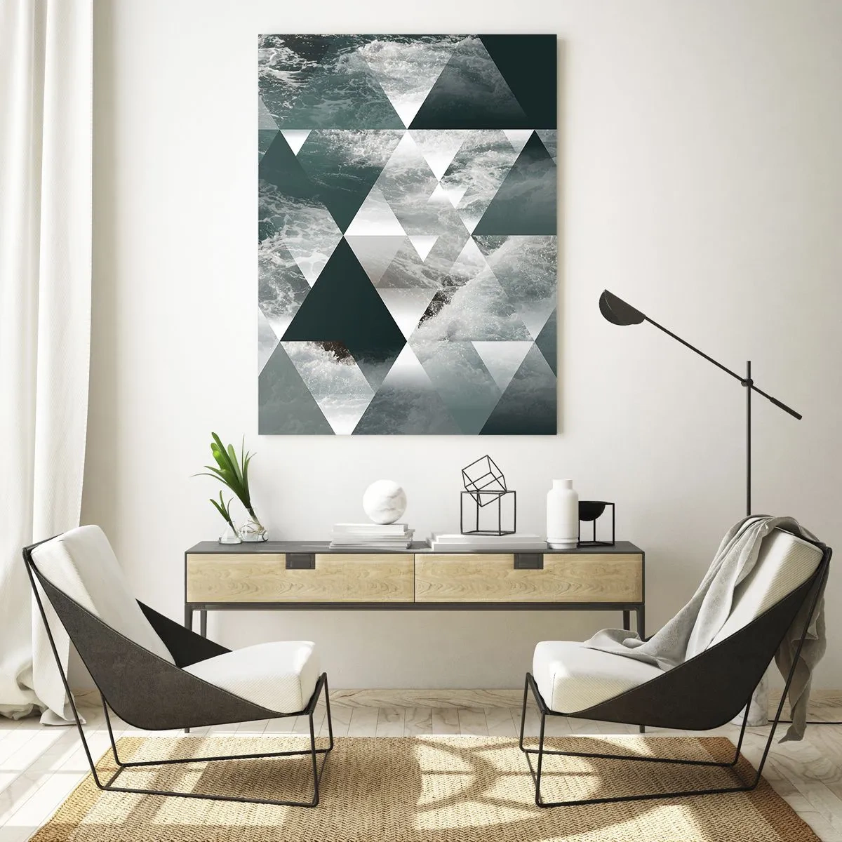 Impression sur verre - Image sur verre - Composition abstraite de triangles avec un motif de vagues d'eau - 50x70cm - Point de vue de cristal - Décoration murale moderne pour le salon et la chambre ARTTOR