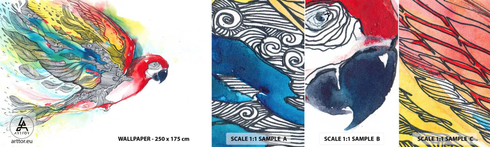 Échantillon de Papier Peint Autocollant Deluxe Sticker - Vivez haut en couleurs - Oiseau, Perroquet, Plumes colorées - 100x30 cm