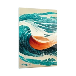 Impression sur verre - Image sur verre - Vagues turquoise avec un ruban orange dans un style surréaliste - 50x70cm - Le rêve d'un surfeur - Décoration murale moderne pour le salon et la chambre ARTTOR
