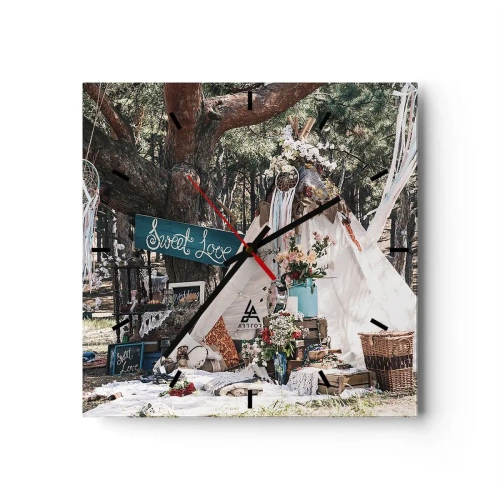 Horloge murale - Pendule murale - Décoration bohème avec un tipi dans la forêt - 30x30cm - Make love… - Décoration murale moderne pour le salon et la chambre ARTTOR