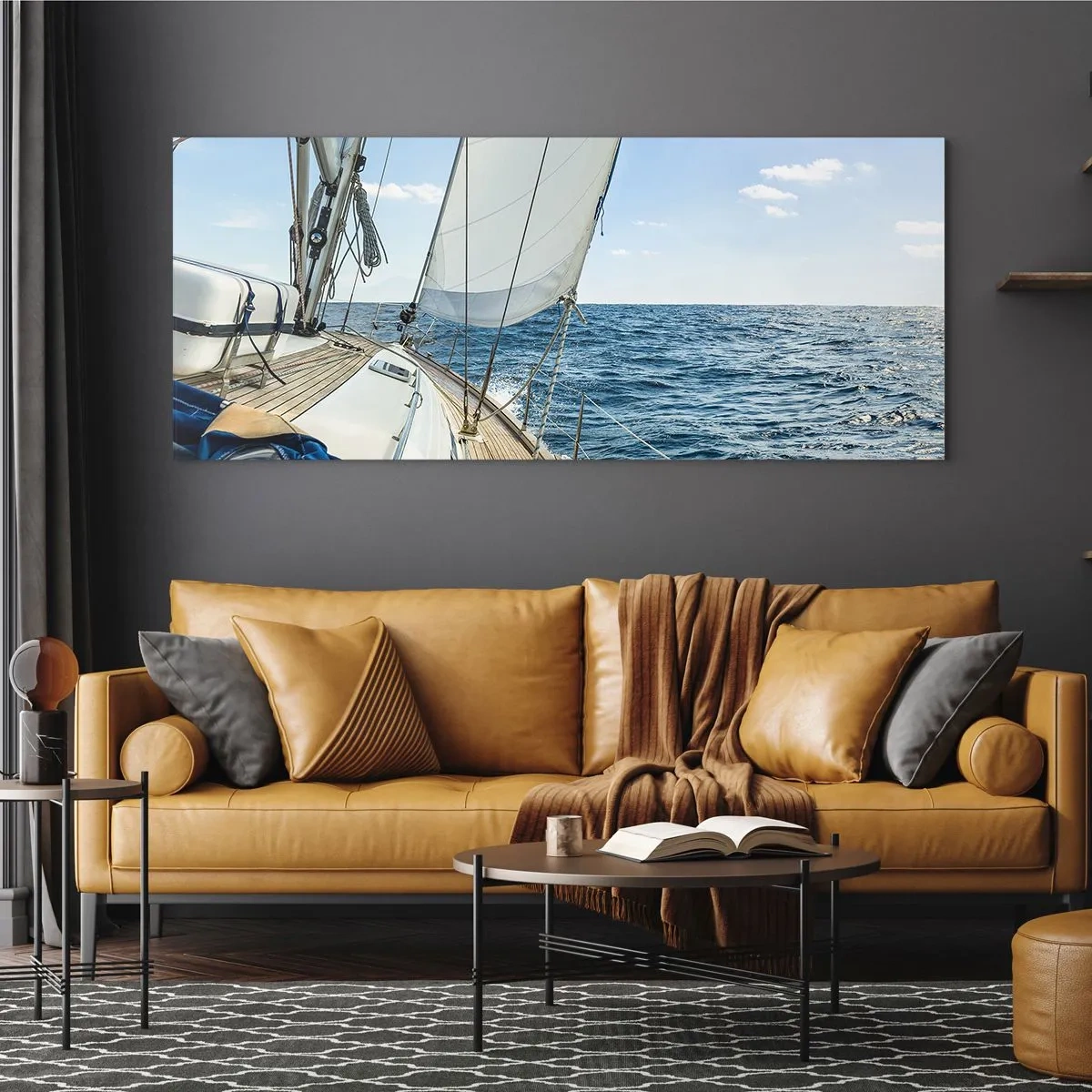 Impression sur verre - Image sur verre - Un voilier sur une mer calme sous un ciel bleu - 120x50cm - Ohé, l'aventure - Décoration murale moderne pour le salon et la chambre ARTTOR