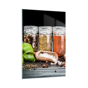 Impression sur verre - Image sur verre - Épices colorées dans des pots sur fond sombre - 50x70cm - Pour que la vie ait du goût - Décoration murale moderne pour le salon et la chambre ARTTOR
