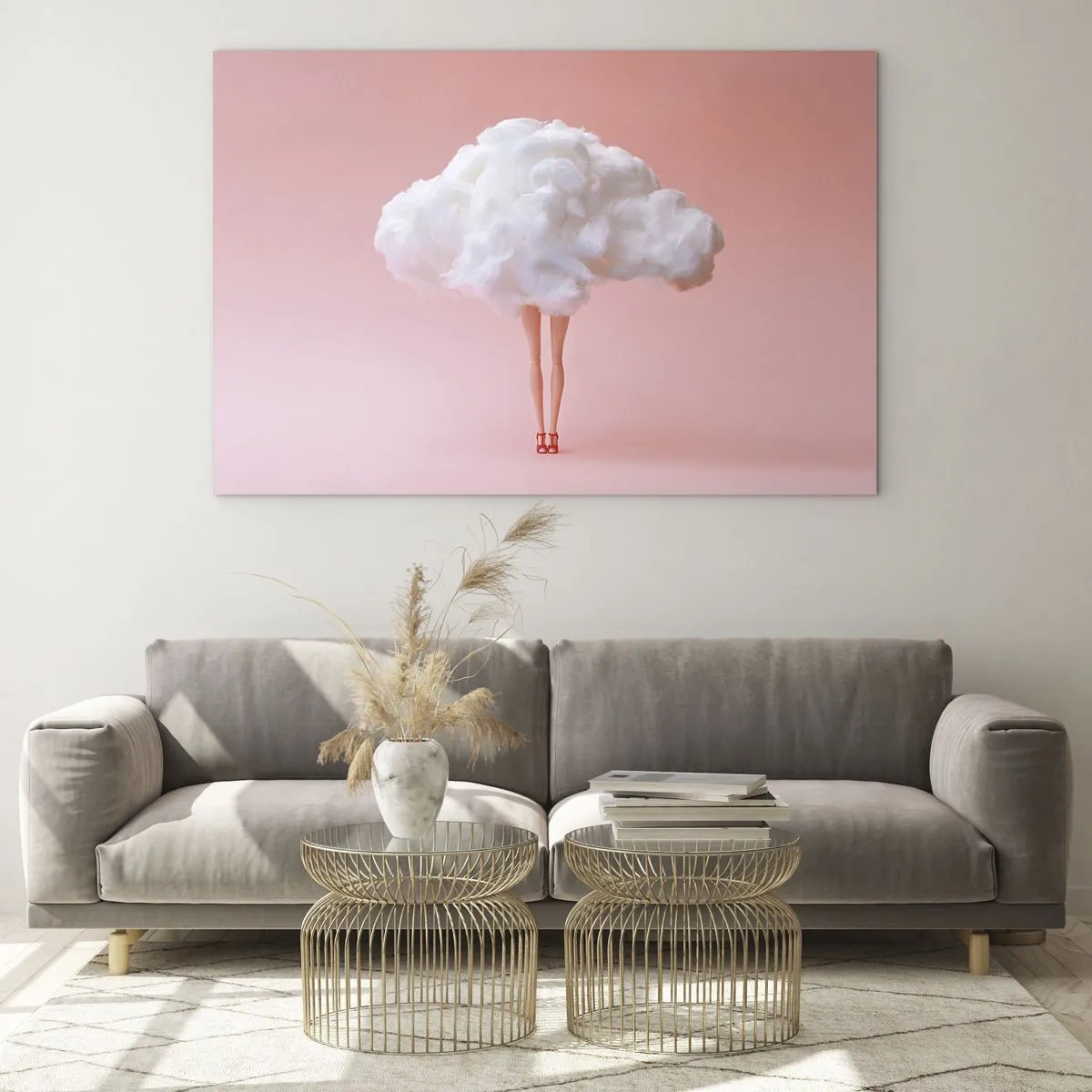 Impression sur verre - Image sur verre - Une silhouette de femme avec un nuage au lieu d'une robe sur un fond rose pastel. - 70x50cm - Douce promesse - Décoration murale moderne pour le salon et la chambre ARTTOR