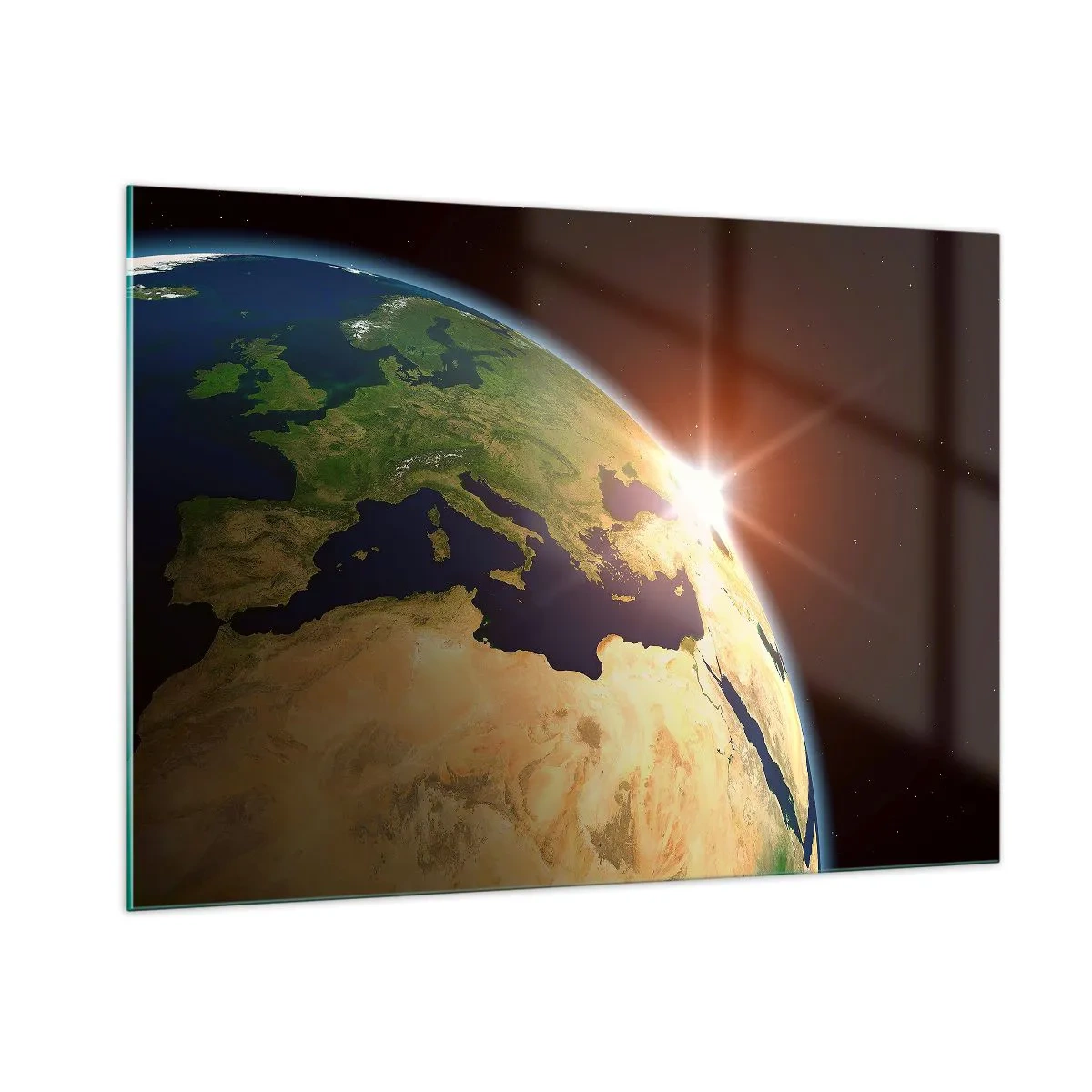 Impression sur verre - Image sur verre - La Terre illuminée par le soleil levant depuis l'espace - 100x70cm - Lever de soleil - Décoration murale moderne pour le salon et la chambre ARTTOR