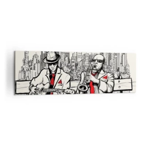 Impression sur toile - Image sur toile - Un duo de jazz avec saxophone et guitare sur fond de ville - 160x50cm - improvisation new-yorkaise - Décoration murale moderne pour le salon et la chambre ARTTOR