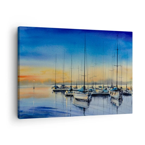 Impression sur toile - Image sur toile - Port de plaisance au coucher du soleil avec reflets sur l'eau - 70x50cm - Fin d'une belle journée - Décoration murale moderne pour le salon et la chambre ARTTOR