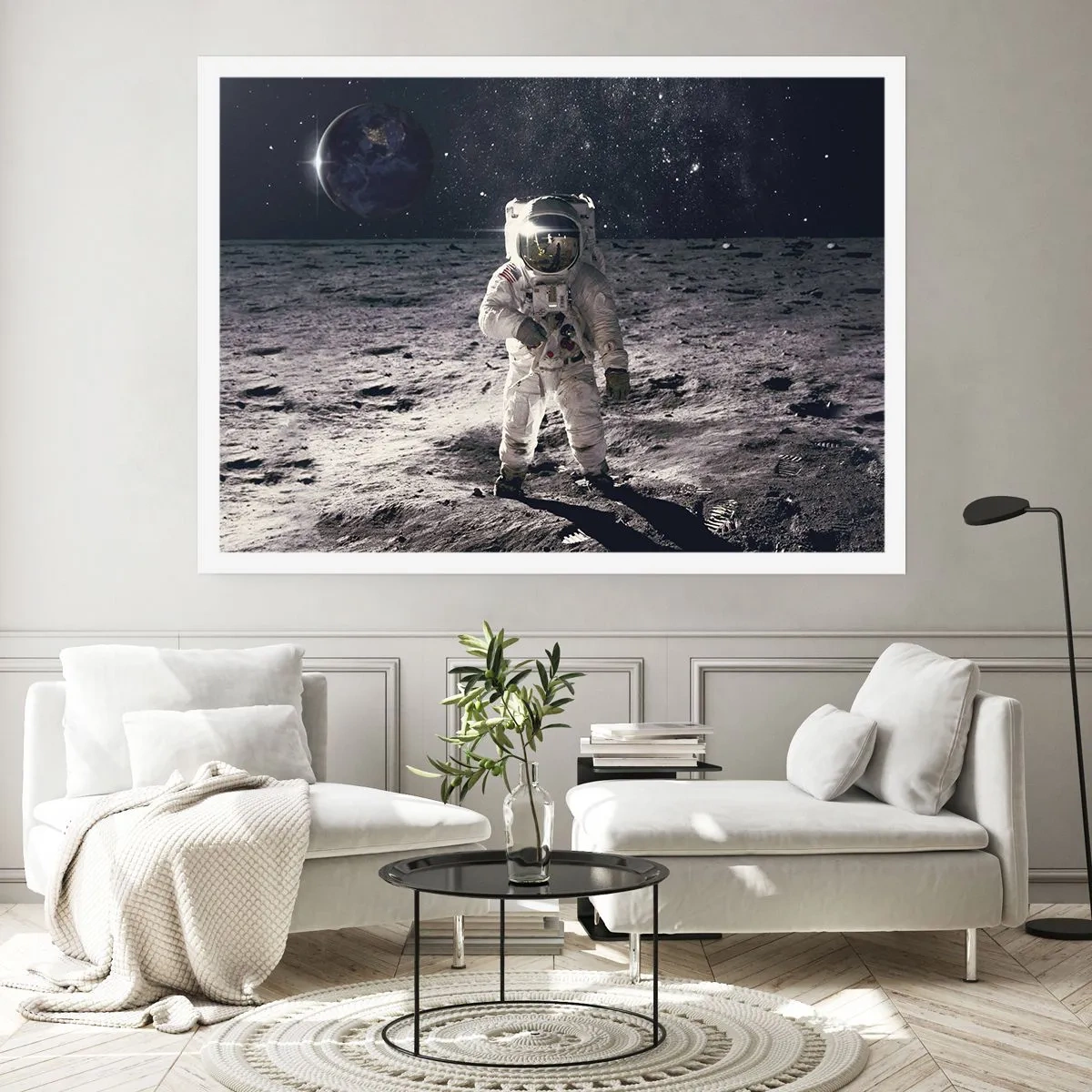 Affiche - Poster - Astronaute à la surface de la Lune avec la Terre en arrière-plan - 100x70cm - Salutations de la lune - Décoration murale moderne pour le salon et la chambre ARTTOR