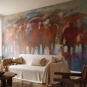 Papier Peint Photo Premium Sand - Composition abstraite de personnages avec des parapluies sous la pluie - 100x70cm - Identiques sous la pluie et dans le brouillard - Décoration murale moderne pour le salon et la chambre ARTTOR