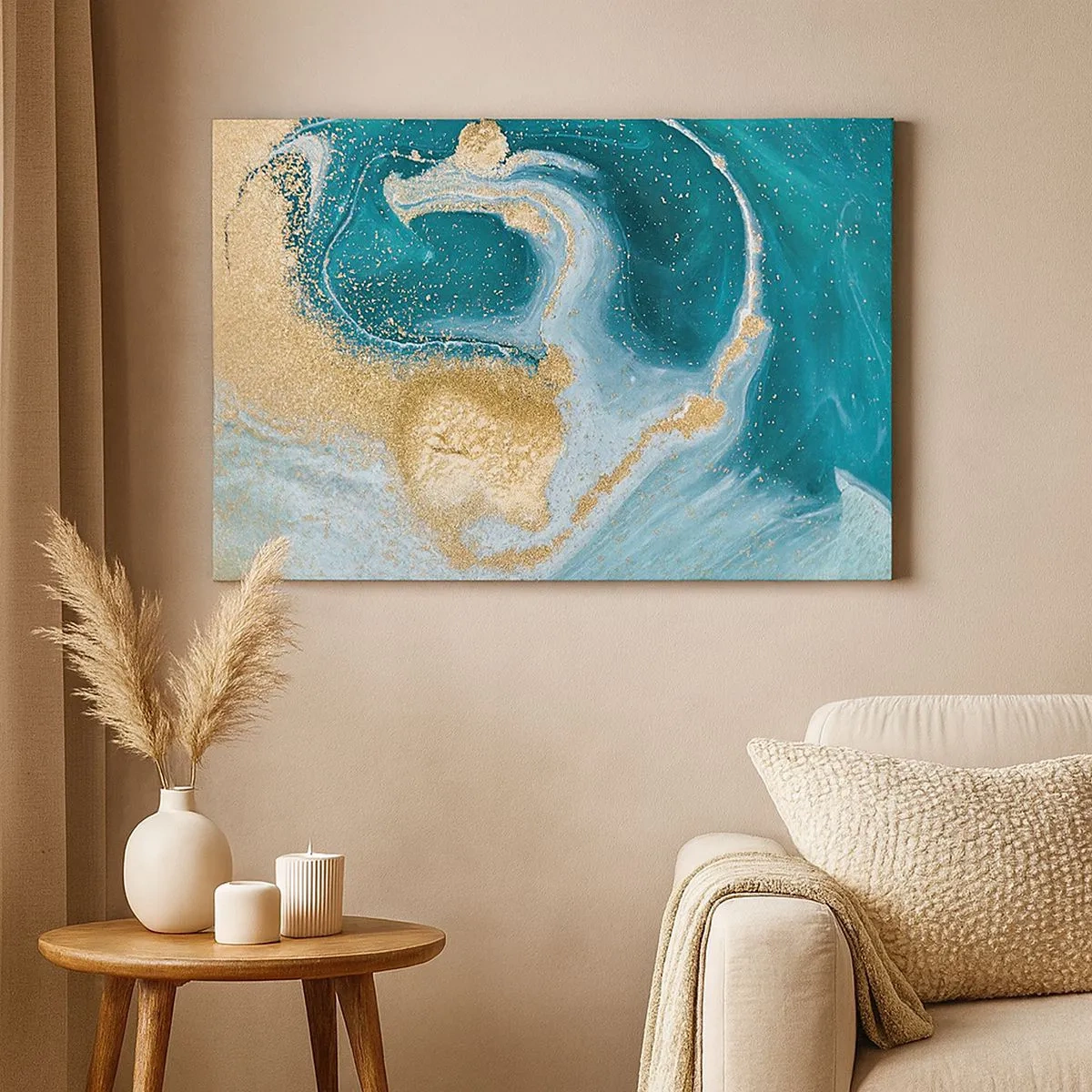 Impression sur toile - Image sur toile - Tourbillon abstrait dans les tons turquoise et or - 70x50cm - Tourbillon d'or et de turquoise - Décoration murale moderne pour le salon et la chambre ARTTOR