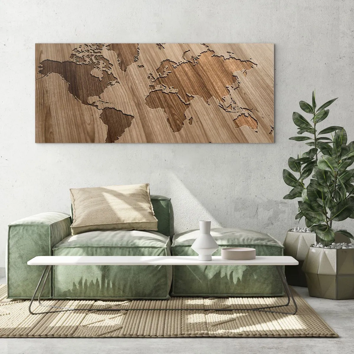 Impression sur verre - Image sur verre - Une carte du monde découpée sur une surface en bois - 120x50cm - Le monde est sur la table - Décoration murale moderne pour le salon et la chambre ARTTOR