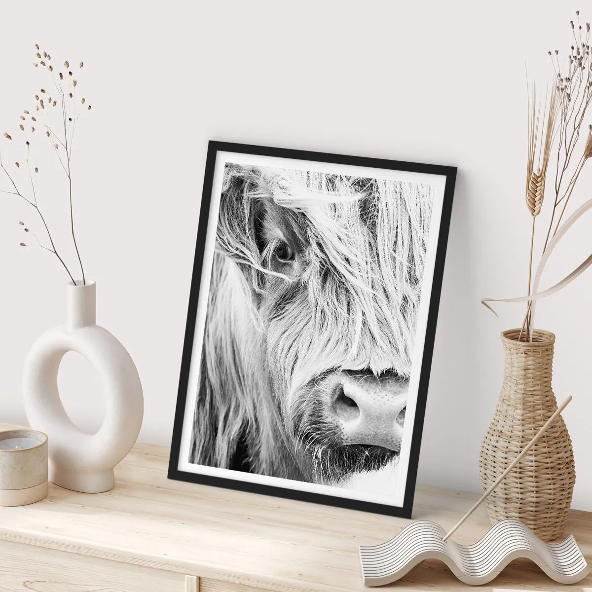 Affiche dans un cadre noir - Poster - Un portrait en gros plan en noir et blanc d'une vache des Highlands écossais. - 50x70cm - Sauvagerie écossaise - Décoration murale moderne pour le salon et la chambre ARTTOR