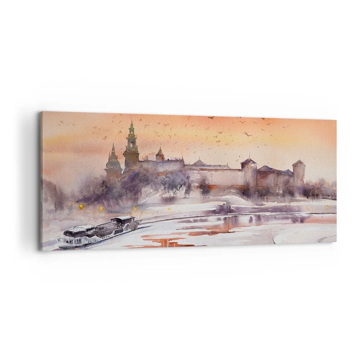 Impression sur toile - Image sur toile - Coucher de soleil sur le château dans un paysage hivernal - 120x50cm - Coucher de soleil royal - Décoration murale moderne pour le salon et la chambre ARTTOR
