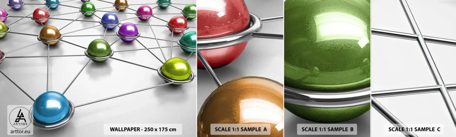 Échantillon de Papier Peint Autocollant Deluxe Sticker - Toile d'araignée cosmique - Abstraction, Boules de métal, 3D - 100x30 cm