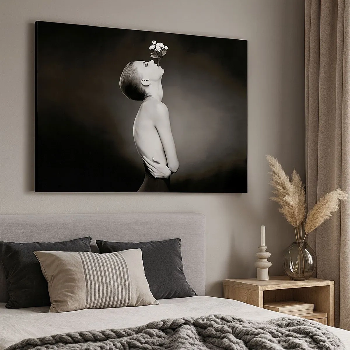 Impression sur toile - Image sur toile - Silhouette noire et blanche d'une femme avec une fleur - 70x50cm - Elégance excentrique - Décoration murale moderne pour le salon et la chambre ARTTOR