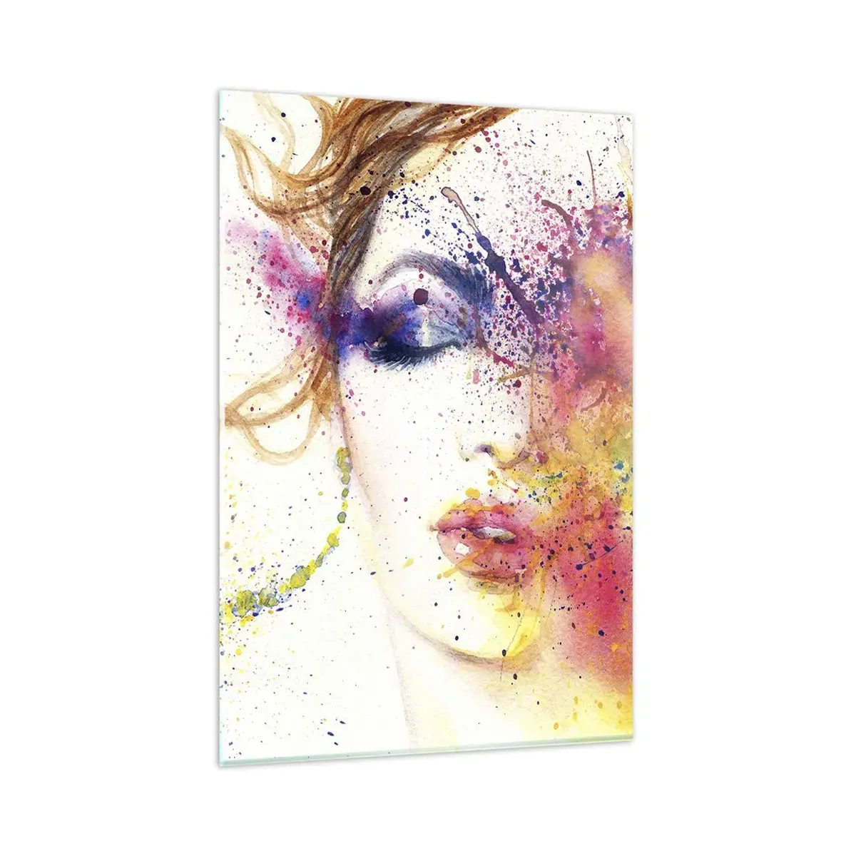 Impression sur verre - Image sur verre - Un portrait artistique d'une femme aux couleurs aquarelles expressives. - 80x120cm - Vertiges arc-en-ciel - Décoration murale moderne pour le salon et la chambre ARTTOR