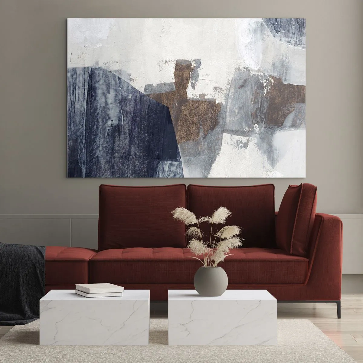 Impression sur verre - Image sur verre - Formes géométriques en bleu, marron et blanc - 120x80cm - Formes bleues et brunes - Décoration murale moderne pour le salon et la chambre ARTTOR