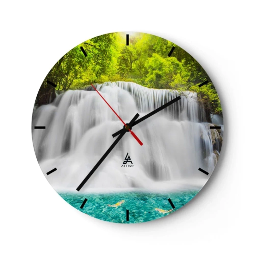 Horloge murale - Pendule murale - Une cascade entourée de verdure avec de l'eau turquoise à la base - 30x30cm - Une cascade mousseuse du vert à l'azur - Décoration murale moderne pour le salon, la cuisine et la chambre ARTTOR