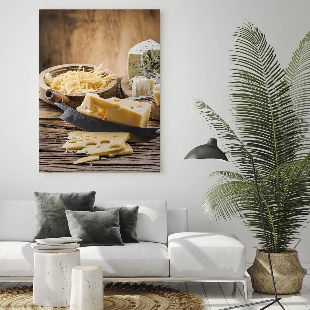 Impression sur verre - Image sur verre - Plateau de fromages avec couteau sur table rustique - 50x70cm - Sourire au fromage - Décoration murale moderne pour le salon et la chambre ARTTOR