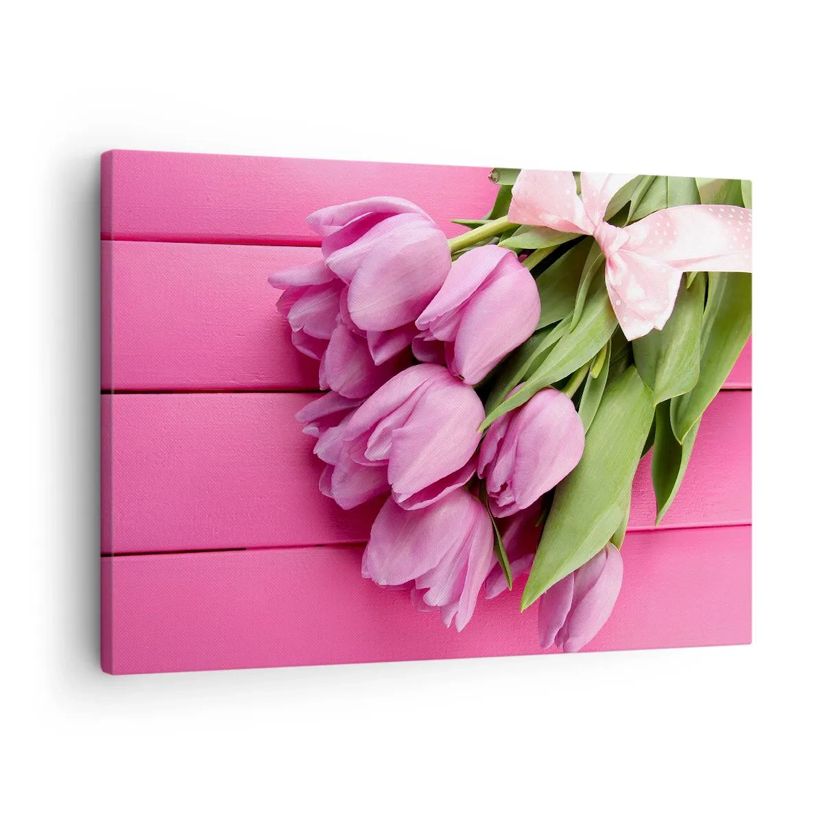 Impression sur toile - Image sur toile - Un bouquet de tulipes roses avec un nœud sur un fond rose - 70x50cm - Juste pour toi - Décoration murale moderne pour le salon et la chambre ARTTOR