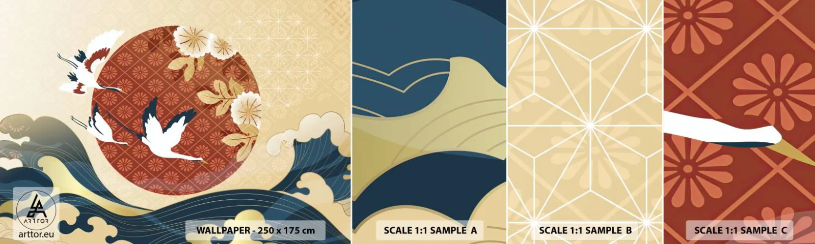 Échantillon De Papier Peint Standard Eco - Conte japonnais - Héron, Oiseau, Abstraction - 100x30 cm