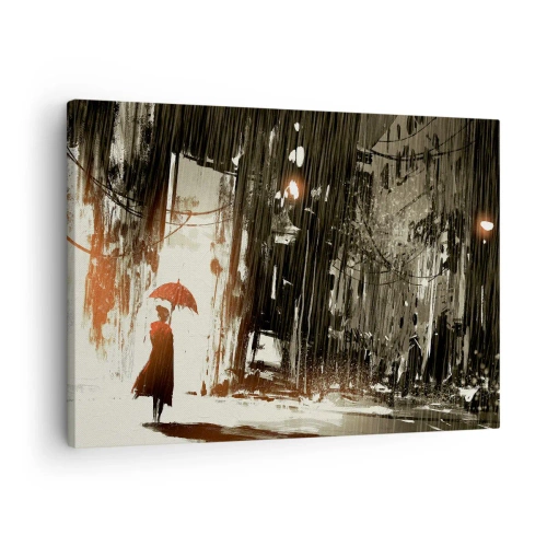 Impression sur toile - Image sur toile - Une figure rouge avec un parapluie dans une scène pluvieuse - 70x50cm - La poésie du parapluie rouge - Décoration murale moderne pour le salon et la chambre ARTTOR