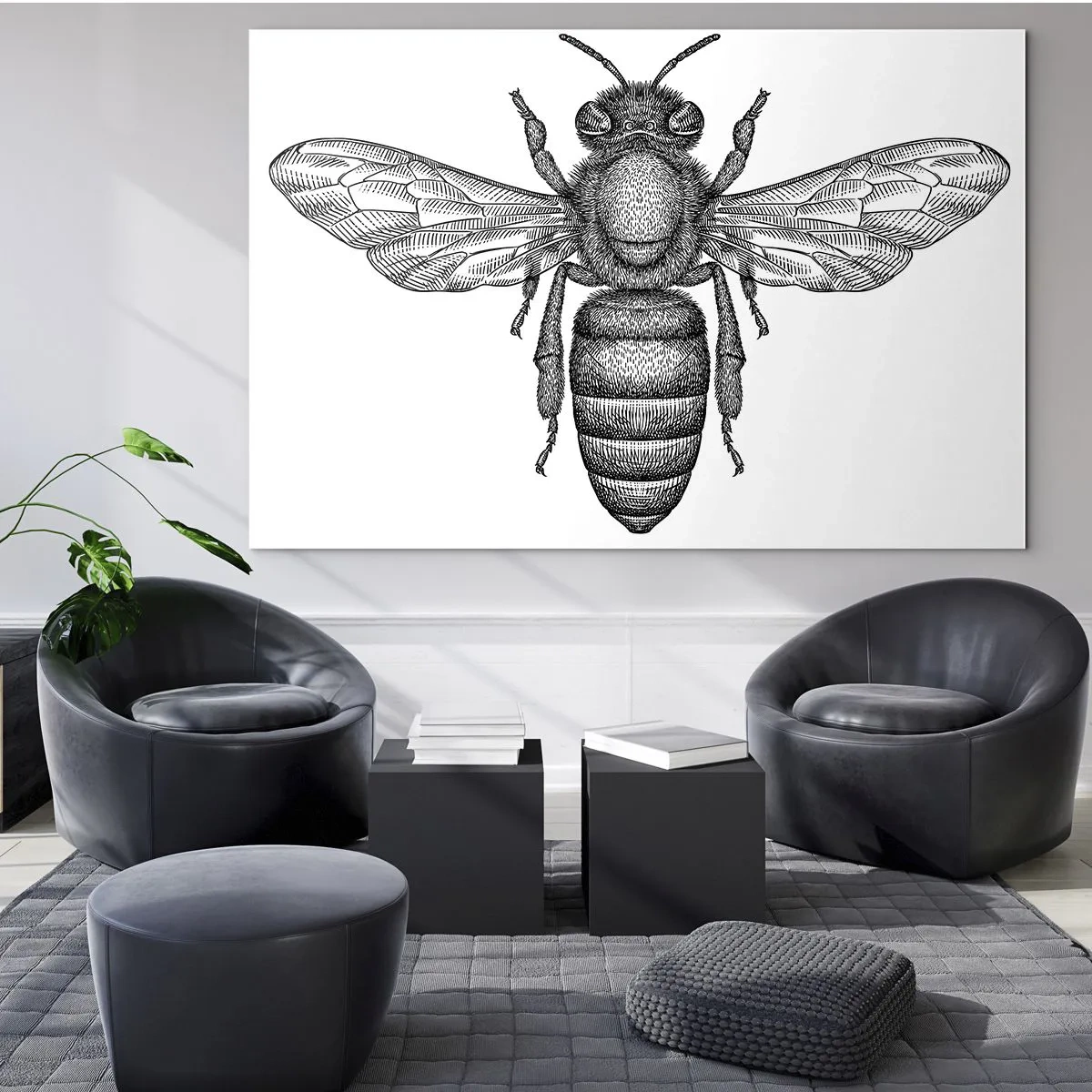 Impression sur verre - Image sur verre - Illustration détaillée d'une abeille rétro sur fond blanc - 100x70cm - Portrait d'insecte - Décoration murale moderne pour le salon et la chambre ARTTOR