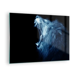 Impression sur verre - Image sur verre - Une représentation néon saisissante d'un lion rugissant sur fond noir. - 70x50cm - La colère ardente du roi - Décoration murale moderne pour le salon et la chambre ARTTOR