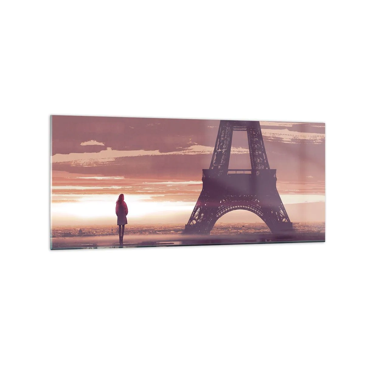 Impression sur verre - Image sur verre - Une silhouette regardant la Tour Eiffel à la lumière du soleil couchant - 120x50cm - Seulement deux d'entre eux - Décoration murale moderne pour le salon et la chambre ARTTOR