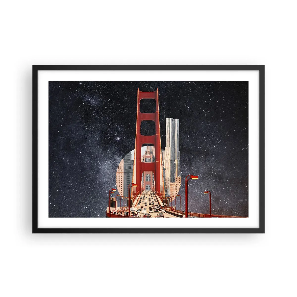 Affiche dans un cadre noir - Poster - Le Golden Gate Bridge avec la ville en arrière-plan contre un ciel étoilé - 70x50cm - Toujours au centre - Décoration murale moderne pour le salon et la chambre ARTTOR