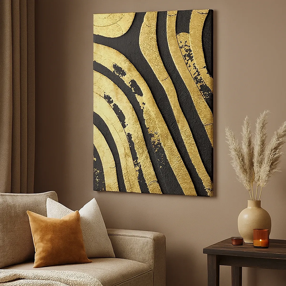 Impression sur toile - Image sur toile - Vagues abstraites dorées sur fond noir - 50x70cm - Tout coule - Décoration murale moderne pour le salon et la chambre ARTTOR