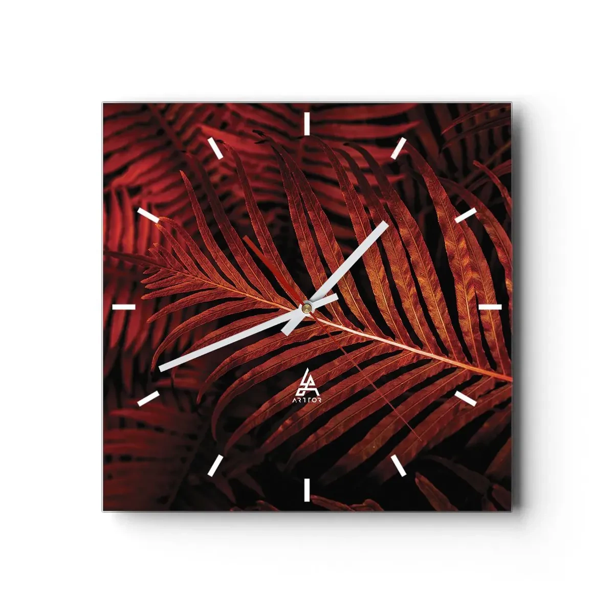 Horloge murale - Pendule murale - Gros plan de feuilles tropicales rouges - 30x30cm - Chaleur de la vie - Décoration murale moderne pour le salon et la chambre ARTTOR