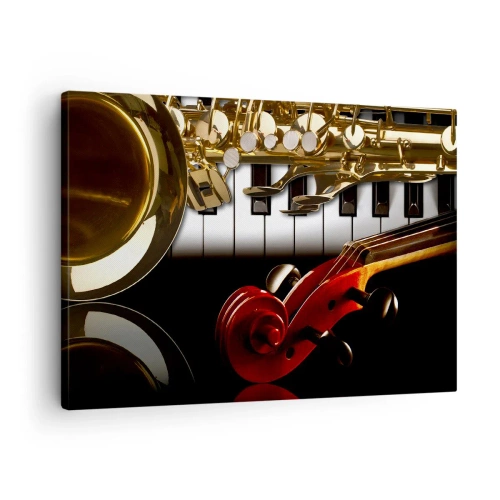 Impression sur toile - Image sur toile - Un saxophone doré, des touches de piano et un violon rouge - 70x50cm - Tôle, bois et ivoire - Décoration murale moderne pour le salon et la chambre ARTTOR