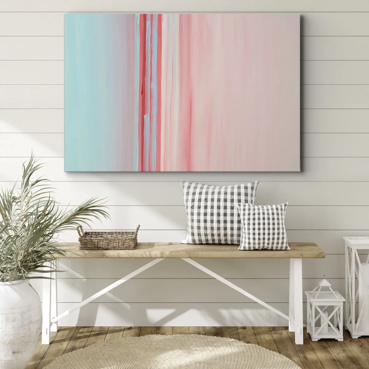 Impression sur toile - Image sur toile - Lignes pastel dans les tons rose et bleu dans une composition minimaliste - 70x50cm - Abstraction à l'aube - Décoration murale moderne pour le salon et la chambre ARTTOR