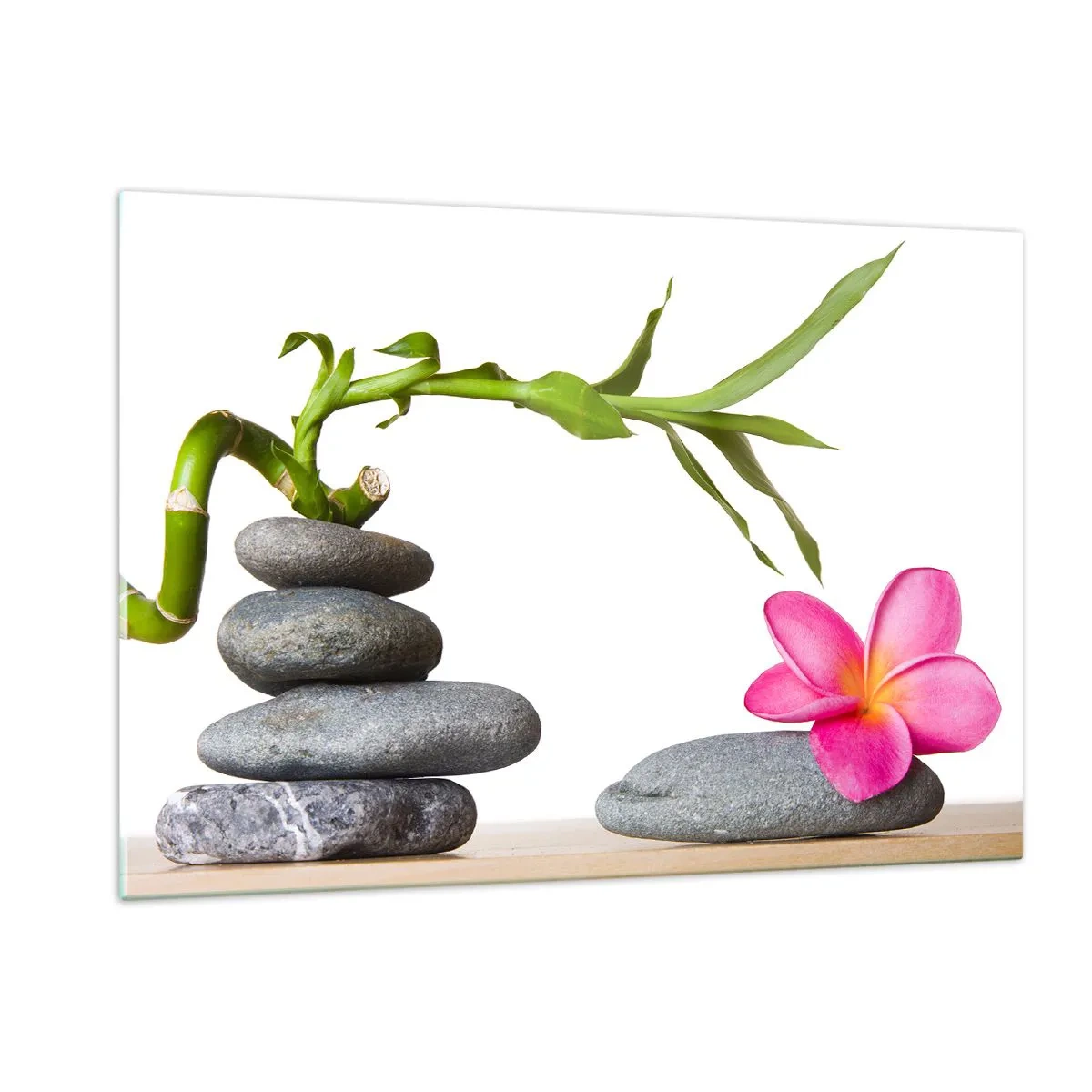Impression sur verre - Image sur verre - Bambou, fleur rose et pierres sur fond blanc - 120x80cm - Couleurs de la vie et de la durée - Décoration murale moderne pour le salon et la chambre ARTTOR