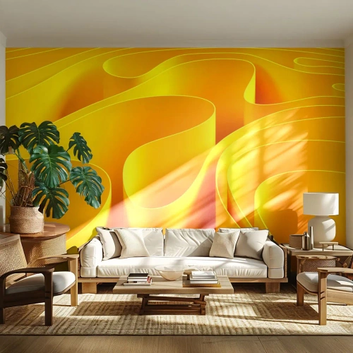 Papier Peint Photo Premium Canvas - Vagues abstraites jaunes ressemblant à des rayons de soleil - 100x70cm - Comme les vagues du soleil - Décoration murale moderne pour le salon et la chambre ARTTOR