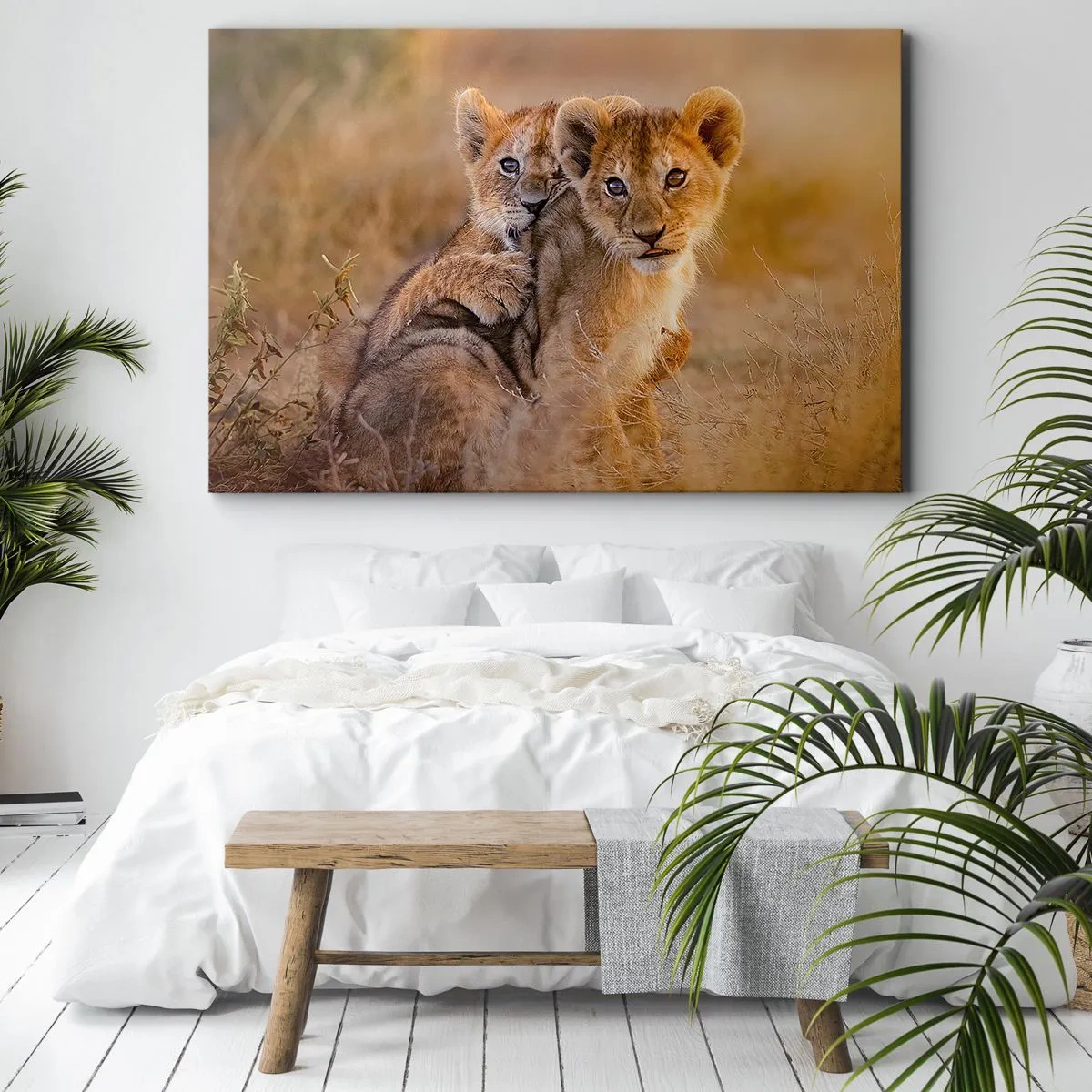 Impression sur toile - Image sur toile - Adorables lionceaux dans leur environnement naturel - 100x70cm - Ne pas déranger! On s'amuse - Décoration murale moderne pour le salon et la chambre ARTTOR