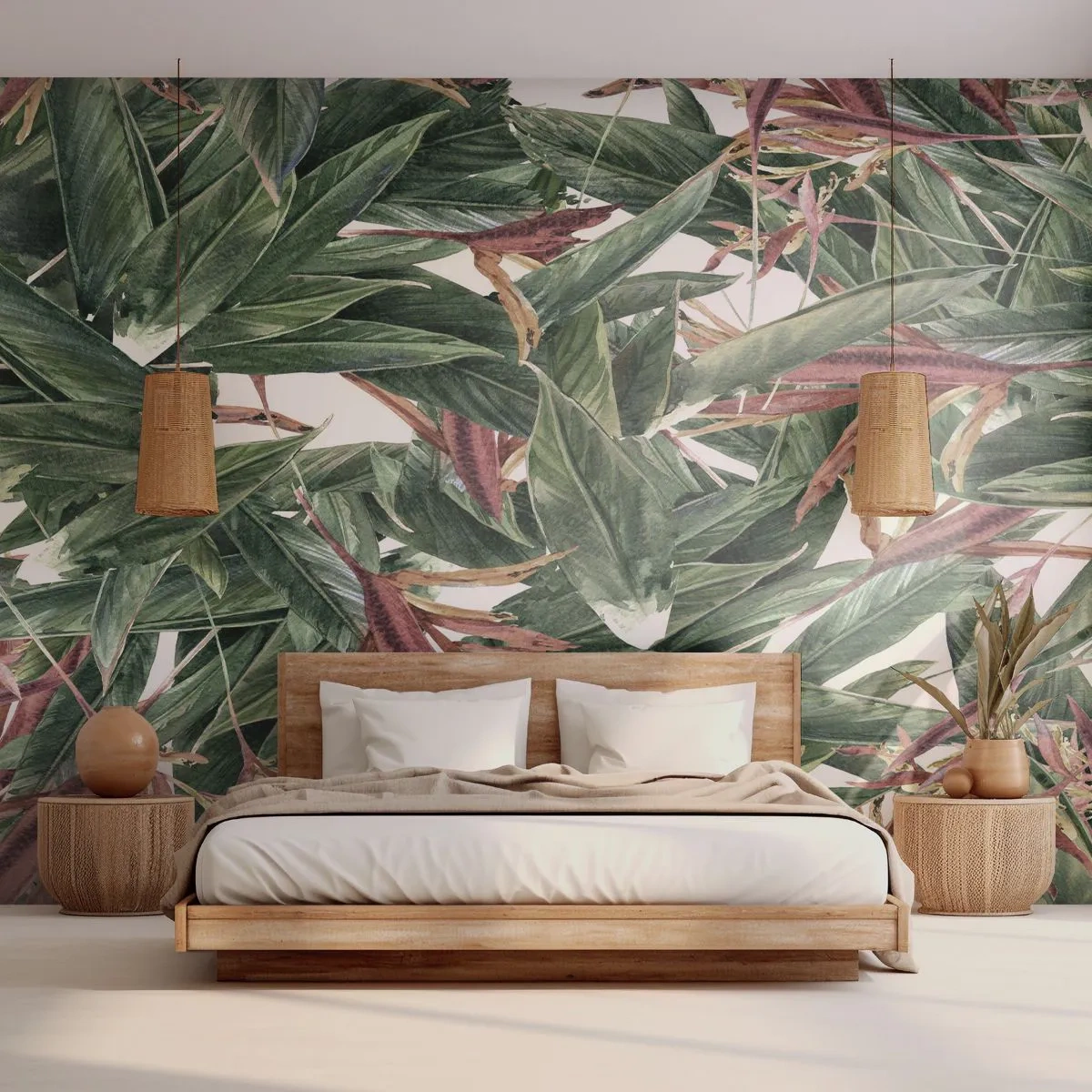Papier Peint Photo Premium Sand - Motif de feuilles botaniques aux couleurs naturelles - 100x70cm - Arbuste émeraude-lilas - Décoration murale moderne pour le salon et la chambre ARTTOR