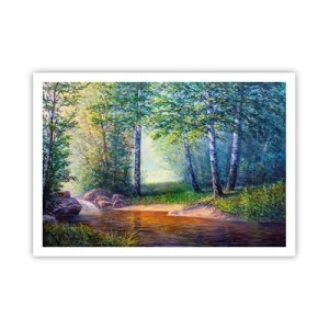 Affiche - Poster - Un ruisseau forestier entouré de bouleaux et de soleil - 100x70cm - Paysage idyllique - Décoration murale moderne pour le salon et la chambre ARTTOR
