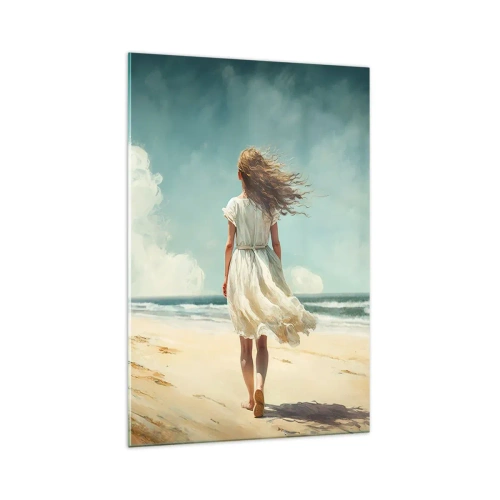 Impression sur verre - Image sur verre - Une femme en robe blanche marchant sur la plage par une journée ensoleillée - 70x100cm - Pour rencontrer le soleil et le vent - Décoration murale moderne pour le salon et la chambre ARTTOR