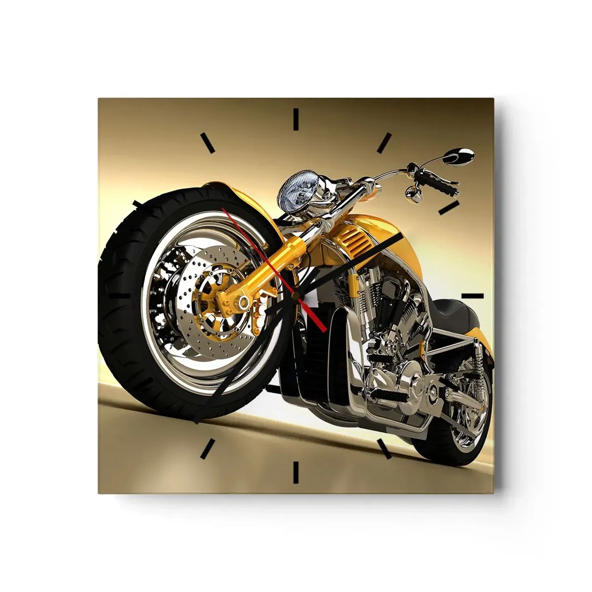 Horloge murale - Pendule murale - Une moto jaune de style chopper contre un mur beige - 30x30cm - Un rêve de force et de vitesse - Décoration murale moderne pour le salon et la chambre ARTTOR