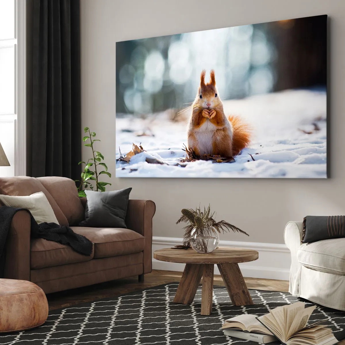 Impression sur toile - Image sur toile - Un écureuil dans un paysage hivernal - 70x50cm - Qu'est ce que tu regardes comme ça? - Décoration murale moderne pour le salon et la chambre ARTTOR