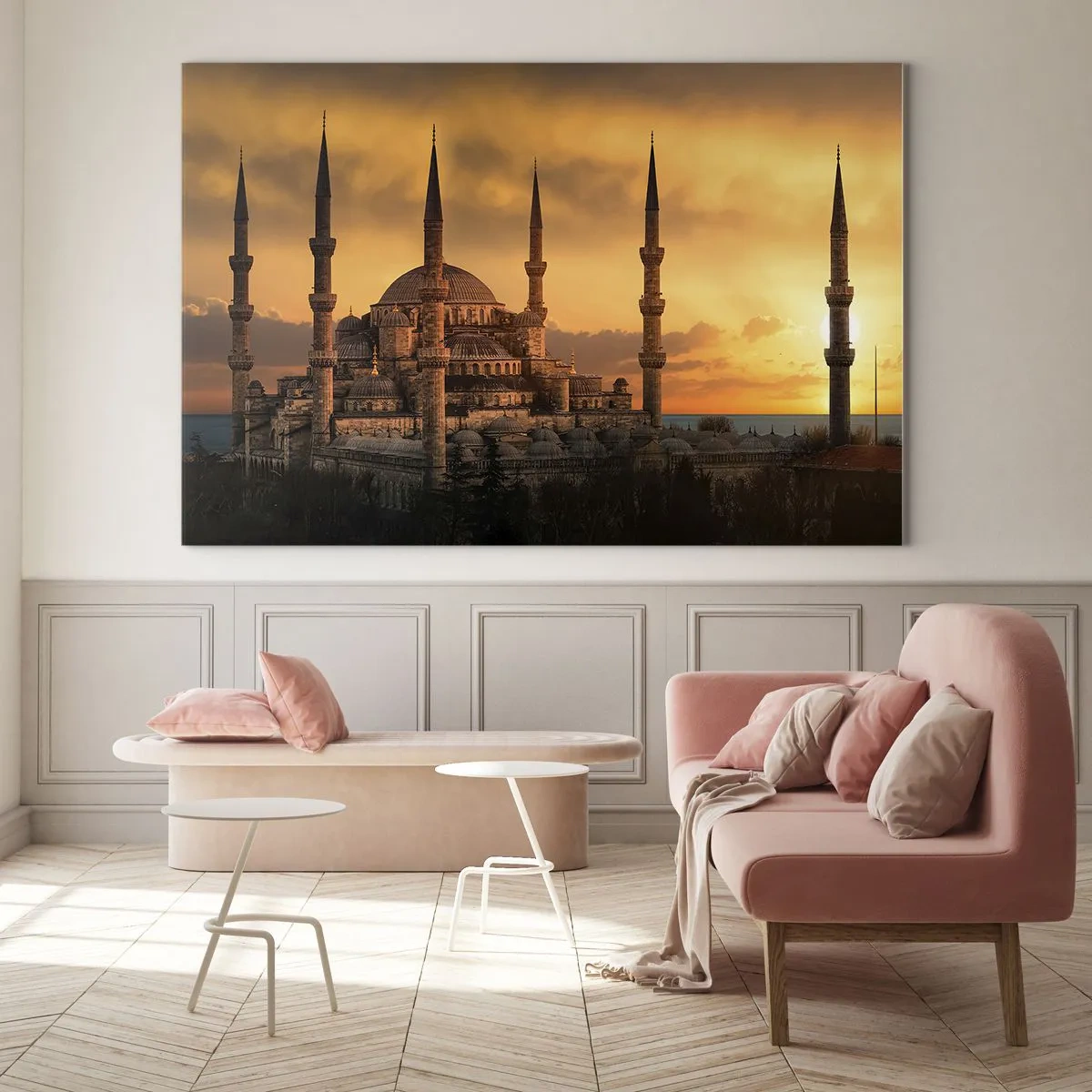 Impression sur verre - Image sur verre - La Mosquée Bleue sur fond de coucher de soleil - 100x70cm - Dieu est grand - Décoration murale moderne pour le salon et la chambre ARTTOR