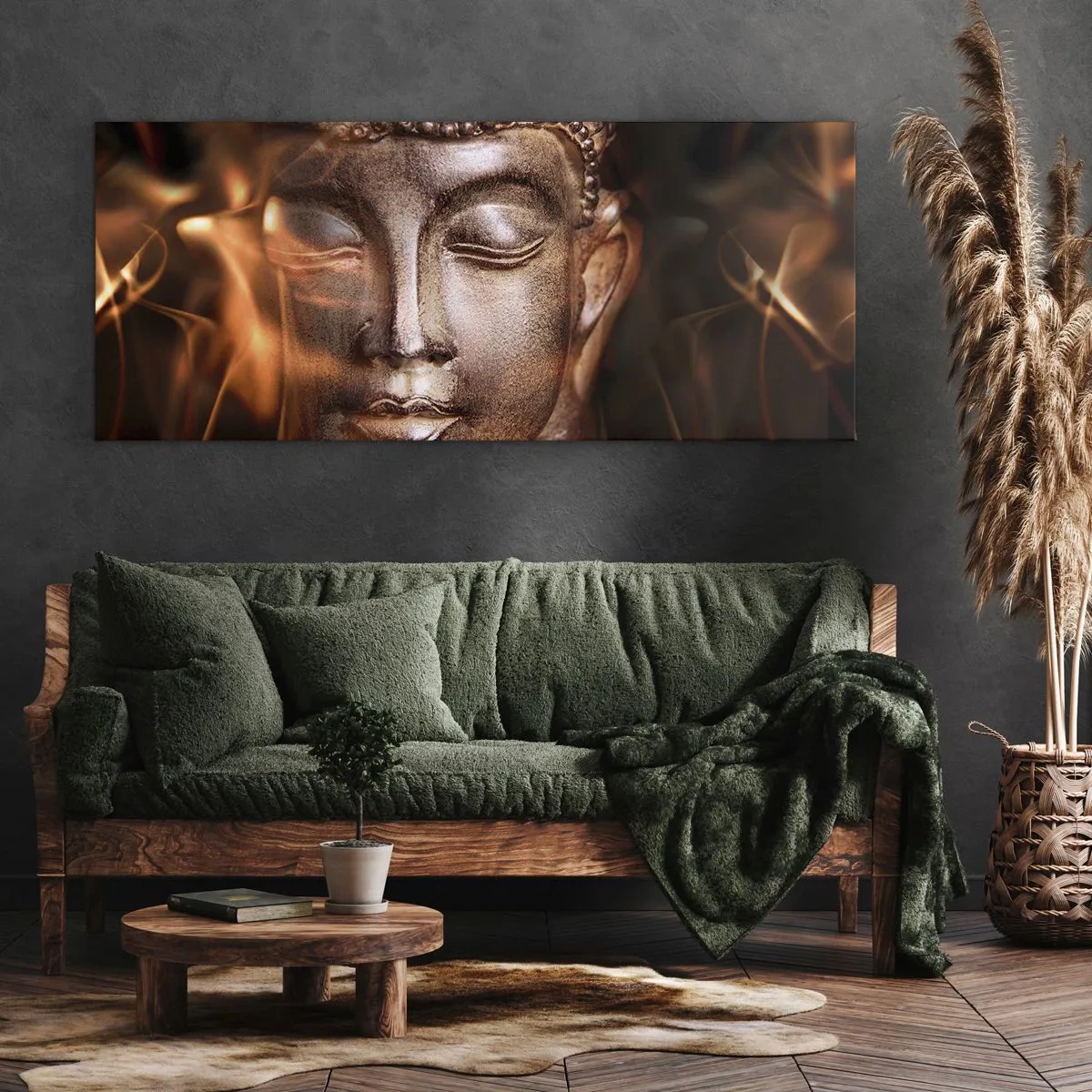 Impression sur toile - Image sur toile - Une statue de Bouddha au milieu de flammes aux teintes dorées - 140x50cm - Il n'existe qu'ici et maintenant - Décoration murale moderne pour le salon et la chambre ARTTOR