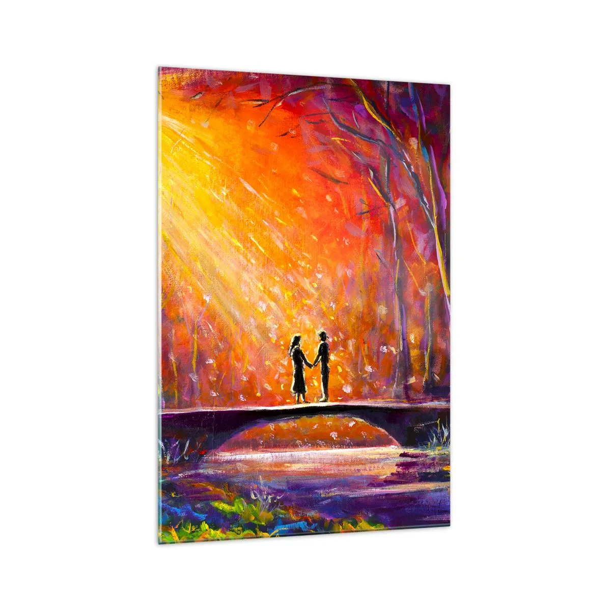 Impression sur verre - Image sur verre - Couple romantique sur un pont dans la forêt d'automne - 70x100cm - Le ciel les aime aussi - Décoration murale moderne pour le salon et la chambre ARTTOR