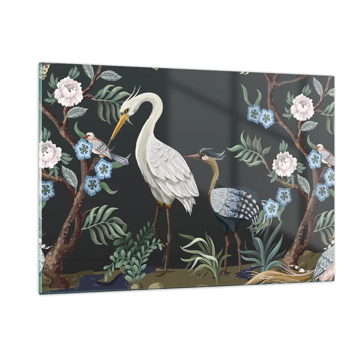 Impression sur verre - Image sur verre - Oiseaux colorés parmi des branches fleuries sur un fond sombre - 120x80cm - Parade d'oiseaux - Décoration murale moderne pour le salon et la chambre ARTTOR